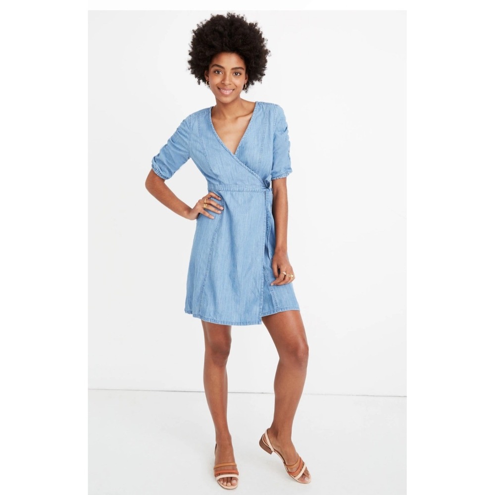 Madewell Indigo Cotton Lyocell Wrap Mini Dress Light Blue Short Puff Sleeve S